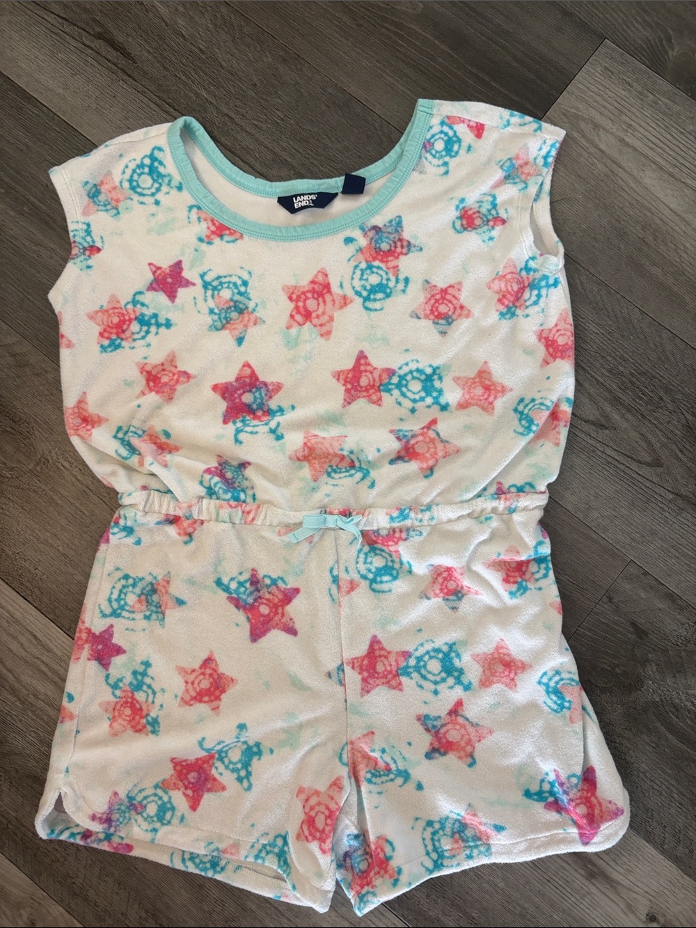 Lands' End Girls Terry Swim Romper with Bright Starfish Print - so cute! - 14/16